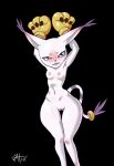  absurd_res anthro arms_above_head bandai_namco black_background blue_eyes blush breasts butt_from_the_front digimon digimon_(species) featureless_crotch female gatomon gatox_(artist) hi_res navel nipples nude simple_background small_waist solo thick_thighs thigh_gap wide_hips 