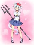  3:4 accessory bell bell_collar bottomwear clothing collar domestic_cat felid feline felis female hair hair_accessory hair_bow hair_ribbon hello_kitty_(character) hello_kitty_(series) hi_res humanoid long_tail mammal melee_weapon polearm ribbons rusudan_almazova_(artist) sanrio skirt solo trident weapon white_hair 