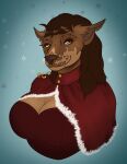  2021 absurd_res anthro big_breasts blizzard_entertainment breasts canid canine christmas christmas_clothing clothed clothing conditional_dnp digital_media_(artwork) esealia female fur hair hi_res holidays huge_breasts looking_at_viewer mammal miriam_hutchins shaded simple_background smile snowflake solo video_games warcraft were werecanid worgen 