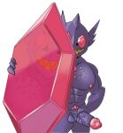  2021 abs anthro anthrofied balls big_muscles crystal erection gem genitals glans grin holding_gem holding_object holding_penis humanoid_genitalia humanoid_penis looking_at_viewer male mega_evolution mega_sableye muscular muscular_male nintendo nipples nude ofstrial penis pok&eacute;mon pok&eacute;mon_(species) purple_balls purple_body purple_penis purple_skin red_eyes red_glans sableye sharp_teeth simple_background smile solo standing teeth vein veiny_penis video_games white_background 