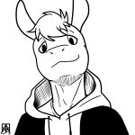  1:1 2021 aggressive_retsuko anthro asinus clothed clothing digital_media_(artwork) donkey equid equine hair hi_res hoodie jacket line_art looking_at_viewer male mammal monochrome prismanoodle_(artist) sanrio simple_background smile solo tadano_(aggretsuko) topwear 