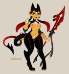  anthro breasts claws demon fangs female genitals glistening glistening_body halberd hi_res holding_object holding_weapon horn hybrid imp kobold melee_weapon navel nipples open_mouth polearm pussy short_stack simple_background solo spikes teeth waspsalad weapon 