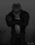  5_fingers alligator alligatorid anthro birbart black_and_white bottomwear clothed clothing coat crocodile crocodilian crocodylid crossed_arms denim denim_clothing fingers frown fully_clothed headphones hi_res jeans looking_at_viewer male monochrome pants reptile scalie scowl sega shirt solo sonic_the_hedgehog_(series) teeth teeth_showing topwear vector_the_crocodile 