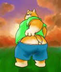  2021 anthro bottomwear butt canid canine canis clothing domestic_dog herding_dog hi_res humanoid_hands kemono male mammal orange_body outside overweight overweight_male pastoral_dog shirt shorts solo topwear welsh_corgi yuuh1212 