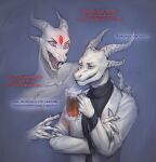  2021 3_eyes anthro beverage claws clothed clothing coat crossed_arms dialogue dragon duo fully_clothed glass glowing glowing_eyes grey_eyes grin hi_res holding_object horn lab_coat lostgoose male mug multi_eye open_mouth red_eyes red_glow russian_text saren_(saren662) scalie simple_background smile steam tea text topwear translated white_body 