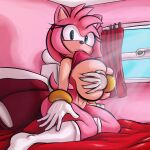  1:1 absurd_res amy_rose anthro big_breasts biting_shirt breasts clothed clothing clothing_lift eulipotyphlan female fur generalgodzilla hair hedgehog hi_res holding_breast inside mammal pink_body pink_fur pink_hair sega shirt shirt_lift solo sonic_the_hedgehog_(series) topwear 