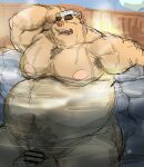  2021 anthro armpit_hair balls bathing belly body_hair brown_body censored eyes_closed flaccid genitals kemono kotobuki male mammal moobs nipples overweight overweight_male penis sitting solo suid suina sus_(pig) towel water wild_boar 