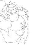  2021 absurd_res anthro belly big_belly black_and_white bulge canid canine hi_res humanoid_hands kemono lifewonders live-a-hero male mammal monochrome moobs nipples obese obese_male overweight overweight_male raccoon_dog shoen sigenoya simple_background solo takotyutyu tanuki video_games white_background 