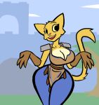  animated anthro aygee bethesda_softworks big_breasts breast_jiggle breast_sway breasts cleavage clothed clothing dialogue domestic_cat english_text felid feline felis female fur huge_breasts huge_hips katia_managan khajiit mammal prequel short_playtime text the_elder_scrolls thick_thighs tiny_waist video_games webcomic webcomic_character wide_hips yellow_body yellow_fur 