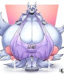  2019 4_toes 5_fingers absurd_res anthro apron apron_only areola big_areola big_breasts biped bodily_fluids breasts canid canine clothing english_text feet female fingers fox fur got_milk? hi_res huge_areola huge_breasts hyper hyper_areola hyper_breasts hyper_nipples lactating lokutofox looking_at_viewer mammal meme milk milk_on_floor mostly_nude multi_tail nipples platinumeggs purple_eyes signature smile smiling_at_viewer solo standing text toes white_body white_fur year 