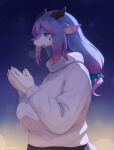  2021 5_fingers anthro big_breasts blue_eyes breasts claws clothing digital_media_(artwork) dragon female finger_claws fingers hair hi_res horn huge_breasts kemono lanya_(shian) multicolored_body multicolored_hair open_mouth pink_hair purple_body purple_hair shaded shian solo sweater topwear white_body 
