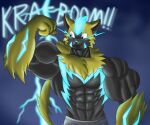  anthro felid feline flameydragwasp flexing glowing glowing_markings hi_res kintaro_the_zeraora legendary_pok&eacute;mon lightning male mammal markings muscular muscular_anthro muscular_male nintendo pok&eacute;mon pok&eacute;mon_(species) thunder video_games zeraora 