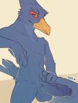  anthro avian balls beak bird blue_body blue_eyes erection falco_lombardi feathers foreskin genitals hi_res humanoid_genitalia humanoid_penis looking_at_viewer male nintendo non-mammal_balls penis ravan simple_background solo star_fox vein veiny_penis video_games yellow_background 