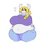  anthro asgore_dreemurr belly big_breasts blonde_hair bodily_fluids boss_monster bottomwear bovid braided_hair breasts caprine clothing crossgender denim denim_clothing female flying_sweatdrops front_view fur goat hair horn huge_breasts huge_thighs jeans long_ears looking_at_viewer mammal midriff mtf_crossgender navel nipple_outline obese obese_anthro obese_female overweight overweight_anthro overweight_female pants robertge shirt simple_background solo sweat sweatdrop thick_thighs tight_clothing tight_shirt tight_topwear topwear undertale undertale_(series) video_games white_body white_fur wide_hips 