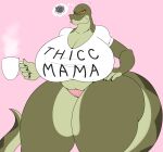  absurd_res angry_eyes anthro beverage big_breasts big_butt breasts butt clothed clothing coffee coffee_mug english_text female forked_tongue green_body green_skin grumpy hi_res huge_breasts huge_thighs margret_stalizburg mature_female red_eyes reptile scalie shirt simple_background snake solo text text_on_clothing text_on_shirt text_on_topwear thick_thighs tongue topwear yellow_sclera zp92 