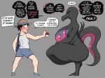  &lt;3 2021 anthro big_breasts big_butt black_body blush blush_lines bodily_fluids bottomwear breasts butt clothing crouching dialogue duo english_text female footwear grey_background hat headgear headwear hi_res huge_breasts human male mammal nintendo open_mouth pok&eacute;ball pok&eacute;mon pok&eacute;mon_(species) salazzle saltyxodium shirt shoes shorts simple_background smile stuttering sweat tank_top text thick_thighs topwear video_games 