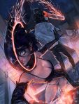  1boy 1girl apron black_apron black_hair black_pants bomb_hybrid_(chainsaw_man) breasts chainsaw_man chainsaw_man_(character) city cleavage commentary cutting dynamite english_commentary explosive fighting highres loonu medium_breasts object_head pants reze_(chainsaw_man) shirt sparks surprised white_shirt wide-eyed 
