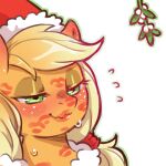  1:1 after_kiss alpha_channel applejack_(mlp) blush bodily_fluids christmas christmas_clothing christmas_headwear clothing cold-blooded-twilight ear_blush earth_pony equid equine female feral freckles friendship_is_magic hasbro hat headgear headshot_portrait headwear holidays horse kiss_mark mammal mistletoe my_little_pony plant pony portrait santa_hat simple_background solo sweat transparent_background 