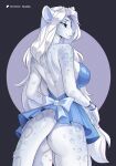 2026 anthro backless_dress biped blue_clothing blue_dress blue_eyes breasts butt clothed clothing dress felid feline female fur hair hi_res long_hair looking_at_viewer looking_back mammal markings no_underwear pantherine pupils rear_view simple_background skimpy_dress smile snow_leopard solo spots spotted_body spotted_fur white_body white_fur white_hair yasmil
