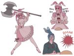  1boy 1girl animal_ears apron axe battle_axe blue_eyes blue_hair bottle braid braided_ponytail breasts commentary_request dirty dirty_clothes dirty_face dress drill_hair drill_sidelocks final_fantasy final_fantasy_xiv food grey_hair hair_over_shoulder highres holding holding_axe holding_bottle ketchup_bottle korean_commentary korean_text maid maid_headdress medium_breasts multicolored_hair omelet omurice pantyhose pink_dress pink_hair pink_shoes pinkteest plate rabbit_boy rabbit_ears rabbit_girl shoes sidelocks single_braid streaked_hair translation_request two-tone_hair underbust veins veiny_arms viera waist_apron warrior_of_light_(ff14) weapon white_pantyhose wrist_cuffs 