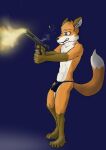  anthro barely_visible_genitalia barely_visible_penis bulge canid canine desert_eagle detailed_bulge firing_weapon fox genital_outline genitals gun handgun hi_res holding_object holding_weapon male mammal penis penis_outline pistol ranged_weapon solo weapon wolfyalex96_(artist) young 