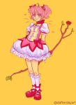  1girl artist_name bow bow_(weapon) bubble_skirt choker commentary dafterdayart dress english_commentary frilled_dress frills full_body hair_bow highres holding holding_bow_(weapon) holding_weapon kaname_madoka kaname_madoka_(magical_girl) lolita_fashion looking_at_viewer magical_girl magma_(medium) mahou_shoujo_madoka_magica mahou_shoujo_madoka_magica_(anime) mary_janes paint_chat_(medium) pink_dress pink_eyes pink_hair puffy_sleeves red_shoes shoes short_hair short_sleeves short_twintails simple_background skirt smile socks solo standing sweet_lolita tachi-e twintails weapon white_socks yellow_background 