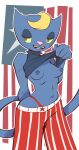  2021 anthro blonde_hair blue_body blue_nipples bottomwear box_chan breasts clothed clothing clothing_lift domestic_cat exposed_breasts felid feline felis female flag_background flashing hair hi_res katy_kat looking_aside mammal nipples open_mouth open_smile pants parappa_the_rapper partially_clothed pattern_bottomwear pattern_clothing pattern_pants portrait red_bottomwear red_clothing red_pants shirt shirt_lift smile solo sony_corporation sony_interactive_entertainment stars_and_stripes striped_bottomwear striped_clothing striped_pants stripes tank_top thong thong_straps three-quarter_portrait topwear um_jammer_lammy underwear united_states_of_america video_games 