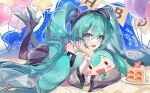  1girl anniversary aqua_eyes aqua_hair balloon bare_shoulders black_skirt blue_hair blush boots cake cake_slice character_doll character_name commentary_request detached_sleeves doll et_90_1 feet_up food fruit happy_birthday hatsune_miku hatsune_miku_(nt) head_rest high_heels highres legs_up long_hair looking_at_viewer lying on_stomach open_mouth paper piapro_studio pleated_skirt sheet_music shirt skirt smile solo star_(symbol) star_balloon strawberry strawberry_shortcake string_of_flags stuffed_toy teeth thigh_boots twintails upper_teeth_only very_long_hair vocaloid 