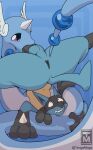 anthro anus ball beads black_body black_fur blue_body blue_fur blue_scales dragonair duo flexible fur generation_1_pokemon generation_4_pokemon genitals grabbing_body happy hi_res horn imminent_sex knot knotted_penis looking_up lucario male male/male nintendo penis perineum pokemon pokemon_(species) purple_eyes scales serpentine simple_background spikes spikes_(anatomy) spread_legs spreading tail tenge_mage watermark wings worried worried_look yellow_body yellow_eyes yellow_fur