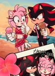  1boy 1girl :p amy_rose beach cookies114s ear_piercing eyelashes flower food gloves green_eyes highres ice_cream midriff piercing red_eyes shadow_the_hedgehog sonic_(series) swimsuit thank_you tongue tongue_out 