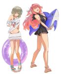  2girls absurdres ass bikini black_bikini black_one-piece_swimsuit breasts brown_sandals cleavage closed_eyes commentary darkonyx09 english_commentary flower grey_hair hair_intakes hair_ribbon highres inflatable_shark inflatable_toy innertube kamiina_botan kamiina_botan_yoeru_sugata_wa_yuri_no_hana large_breasts multiple_girls one-piece_swimsuit open_mouth parted_lips pink_flower pink_hair purple_eyes ribbon sandals shirt short_hair simple_background skirt smile swim_ring swimsuit tonami_ibuki white_background white_flower white_ribbon white_sandals white_shirt white_skirt 