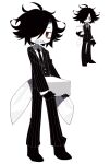  1boy absurdres bags_under_eyes black_gloves black_necktie black_pants black_shoes black_suit box buttons collared_shirt colored_skin dawnshii28 dot_nose english_commentary funamusea gloves hair_over_one_eye highres holding holding_box lzet_(funamusea) male_focus messy_hair necktie pants red_eyes reference_inset sharp_teeth shirt shoes short_hair simple_background solo striped_clothes striped_pants suit teeth vertical-striped_clothes vertical-striped_pants vertical-striped_suit white_background white_shirt white_skin wings 