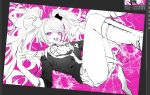  1girl art_program_in_frame bear_hair_ornament boots bow bowtie bra breasts bullet_hole choker cleavage collarbone collared_shirt commentary danganronpa:_trigger_happy_havoc danganronpa_(series) double_v enoshima_junko eyelashes eyes_visible_through_hair feet_out_of_frame floating glass greyscale_with_colored_background hair_between_eyes hair_ornament happy highres jacket knee_boots lapels long_hair long_sleeves looking_at_viewer medium_breasts memeeo0o microskirt nail_polish necktie notched_lapels open_mouth panties pantyshot pink_background pink_eyes pink_nails pleated_skirt procreate_(medium) procreate_(software) shirt skirt sleeve_cuffs smile solo spot_color swept_bangs teeth three-quarter_sleeves tongue twintails underwear untranslatable_commentary upper_teeth_only v very_long_hair wavy_hair 