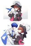  !? 1boy 1girl archery_shooting_glove arknights ascot bird bird_on_hand black_cape black_dress black_hat blue_bird blue_eyes blue_feathers blue_hair blue_necktie blush brown_eyes brown_hair cape commentary_request dress falling_feathers feathers fingerless_gloves flipped_hair gloves halo hat hat_feather highres leaning_forward long_sleeves looking_at_another necktie official_alternate_costume open_mouth partially_fingerless_gloves persona persona_3 persona_3_reload shirt short_hair smile sweatdrop takeba_yukari takeba_yukari_(in_vigil_of_dawn_and_dusk) tooru_(jux) twitter_username two-sided_fabric upper_body white_ascot white_background white_gloves white_shirt yuuki_makoto_(in_witness_of_glory)_(persona_3) yuuki_makoto_(persona_3) 