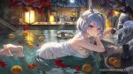  1girl animal_ears antlers bamboo_fence bath bathing blue_eyes blue_hair blush bottle breasts bucket choko_(cup) commentary_request copyright_name cup dated deer_antlers deer_ears deer_girl falling_leaves feet fence food fruit full_body full_moon hair_intakes hakushika_iori holding horns lamp large_breasts leaf looking_at_viewer maple_leaf medium_hair merchandise_available moon muna_1414 naked_towel night official_art onsen orange_(fruit) outdoors partially_submerged phase_connect reflection reflective_liquid sake_bottle smile soles solo steam toes towel water wet_towel wooden_bucket 