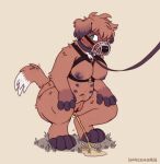  2021 anthro bdsm biped blush bodily_fluids breasts canid canine canis collar crouching domestic_dog female fur genital_fluids genitals grass hair harness hi_res leash looking_away mammal muzzle_(object) muzzled navel nipples nonbinary_(lore) nude peeing petplay plant puppyplay pussy roleplay shih_tzu simple_background slightly_chubby snackhorse solo toy_dog urine urine_on_ground urine_stream watersports 