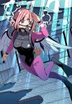  1girl ahoge air_bubble animal_ears bird_ears bird_wings black_bodysuit bodysuit breasts brown_eyes bubble commentary_request commission diving_mask diving_regulator diving_suit flippers goggles highres medium_breasts medium_hair moja_(moja4192) multicolored_bodysuit mystia_lorelei pink_bodysuit pink_hair ruins scuba_gear scuba_tank ship skeb_commission solo touhou two-tone_bodysuit underwater watercraft wetsuit wings 
