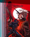  1girl 1other absurdres armor bendit full_armor goggles goggles_around_neck gun handgun helm helmet highres holding holding_gun holding_weapon horns knight long_sleeves oni original plate_armor short_hair suppressor sword trigger_discipline weapon white_hair 
