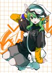  1girl bag bag_charm black_shirt charm_(object) commentary_request goggles goggles_on_head green_eyes green_hair grey_skirt gumi hand_up handbag hat highres layered_sleeves long_sleeves looking_at_viewer miniskirt shirt short_over_long_sleeves short_sleeves sirotuki skirt solo t-shirt vocaloid white_hat 