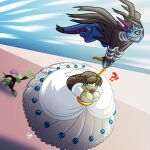 1:1 2026 anthro arms_tied ball_gag ball_gown black_bottomwear black_clothing black_pants black_shirt black_topwear blue_body bottomwear bound brown_hair catherine_basil-lisk chasing clothing colored crown digital_drawing_(artwork) digital_media_(artwork) dress ear_piercing female foreshortening gag gem generation_5_pokemon green_body green_skin group hair headgear hi_res hydreigon interrobang jamearts jimmy_basil-lisk kidnapping looking_at_another looking_back male mother_(lore) motion_blur motion_lines nintendo open_mouth pants parent_(lore) piercing pink_ears pink_eyes pokemon pokemon_(species) reptile scalie shaded shirt signature son_(lore) teeth tiara tongue topwear trio white_clothing white_dress
