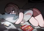  1girl aki_(snale) black_shirt cellphone chips_(food) cleveland_brown exhausted family_guy food glasses glenn_quagmire highres insomnia joe_swanson looking_at_phone lying on_bed original peter_griffin phone potato_chips red_shorts shirt shorts sleepy snale 