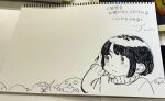  1girl arm_up artist_name baby_animal bird blush boned_meat chick closed_mouth commentary_request eating food frown hand_in_own_hair highres holding holding_sword holding_weapon jun_(navigavi) little_sister_(navigavi) long_sleeves looking_to_the_side meat monochrome nib_pen_(medium) original paper_background pen_(medium) photo_(medium) short_hair sidelocks signature simple_background sketch solo_focus sweater sword traditional_media translation_request turtleneck turtleneck_sweater upper_body weapon 