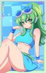  1girl alternate_hairstyle bare_shoulders belt blue-tinted_eyewear blue_bow blue_nails blue_shirt blue_skirt bow bracelet breasts closed_mouth crop_top goggles goggles_on_head green_belt green_eyes green_hair grey-framed_eyewear gumi gumi_(sv) headphones highres jewelry kaleislazy looking_at_viewer medium_breasts midriff navel ponytail shirt sitting skirt sleeveless sleeveless_shirt smile solo synthesizer_v thighs tinted_eyewear turtleneck turtleneck_shirt underboob vocaloid window_(computing) 
