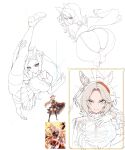  3girls absurdres ahoge animal_ears ascot ass blue_eyes bow bowtie breasts cape cleft_of_venus ear_covers foreshortening gloves highres holding_own_leg horse_ears horse_girl horse_tail king_halo_(umamusume) lineart looking_at_viewer multiple_girls orfevre_(umamusume) partially_colored photo-referenced pink_eyes pleated_skirt ponytail presenting_own_ass presenting_own_body pussy reference_inset rehu_(astd5787) sakura_bakushin_o_(umamusume) single_ear_cover skirt split standing standing_on_one_leg standing_split tail thighhighs umamusume white_background 