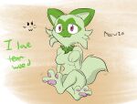 2022 3_toes breasts english_text featureless_breasts feet female foot_focus fur generation_9_pokemon green_body green_ears green_fur hindpaw nintendo owo pawpads paws pink_pawpads pokemon pokemon_(species) red_eyes robbleu sprigatito strikethrough tail text toes