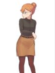  1girl arm_behind_back arm_under_breasts belt black_belt black_shirt brown_skirt collared_shirt facing_viewer glasses gomadare4869 hair_bun hair_up highres legs_apart long_sleeves looking_to_the_side love_live! love_live!_superstar!! orange_hair pantyhose purple_eyes red_pantyhose shibuya_kanon shirt simple_background skirt solo white_background 