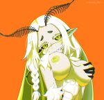  1girl absurdres antennae arthropod_girl black_sclera braid breasts colored_eyelashes colored_nipples colored_sclera colored_skin embarrassed grabbing_own_breast green_eyes green_nipples grin highres indie_virtual_youtuber insect_wings juniper_actias juniper_actias_(space_invader) large_breasts long_hair looking_at_viewer monster_girl moth_antennae moth_girl neck_fur orange_background pointy_ears smile solo unreal_fish virtual_youtuber white_eyelashes white_fur white_hair white_skin wings 