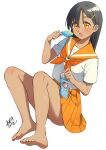  1girl asuka_gin barefoot black_hair blush commentary_request feet food gloves hair_between_eyes hair_ornament hairclip highres holding knees_up legs looking_at_viewer miniskirt neckerchief open_mouth orange_neckerchief orange_sailor_collar orange_skirt original popsicle sailor_collar school_uniform serafuku shirt short_sleeves signature simple_background skirt soles tan thighs toenails toes white_gloves white_shirt yellow_eyes 