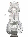  1girl absurdres aged_down animal_ear_fluff animal_ears arknights bead_necklace beads blush commentary_request en736499 feet_out_of_frame flying_sweatdrops frown grey_eyes grey_hair hat highres holding_own_tail jacket jewelry korean_commentary looking_at_viewer medium_hair necklace pramanix_(arknights) pramanix_(young)_(arknights) simple_background sketch snow_leopard_ears snow_leopard_girl snow_leopard_tail solo standing straight-on tail white_background white_hat white_jacket 