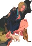 1girl absurdres aquiline_nose black_jacket black_shirt blonde_hair blue_shirt breasts cat chain-link_fence commentary_request fence half-closed_eyes highres hunter_x_hunter jacket kneeling medium_breasts nose pakunoda petting shirt short_hair suit x_xinnnnnn 